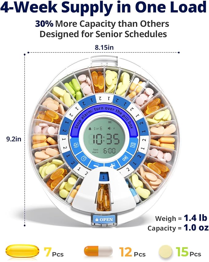 Betife 2nd Gen Automatic Pill Dispenser for Elderly with Alarm | 28 Slots, Key Locked, Alarm & Light Reminder, Mix-Proof, XL Display, 6 Dosage Rings，Easy Setup