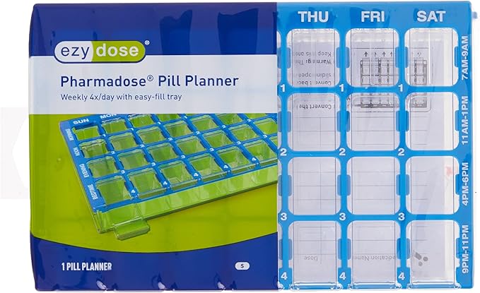 Ezy Dose Weekly (7-Day) Pill Case, Medicine Planner, Vitamin Organizer Box, Small Compartments with Easy Fill Tray, 4 Times a Day, Clear Lids, Color May Vary, BPA Free