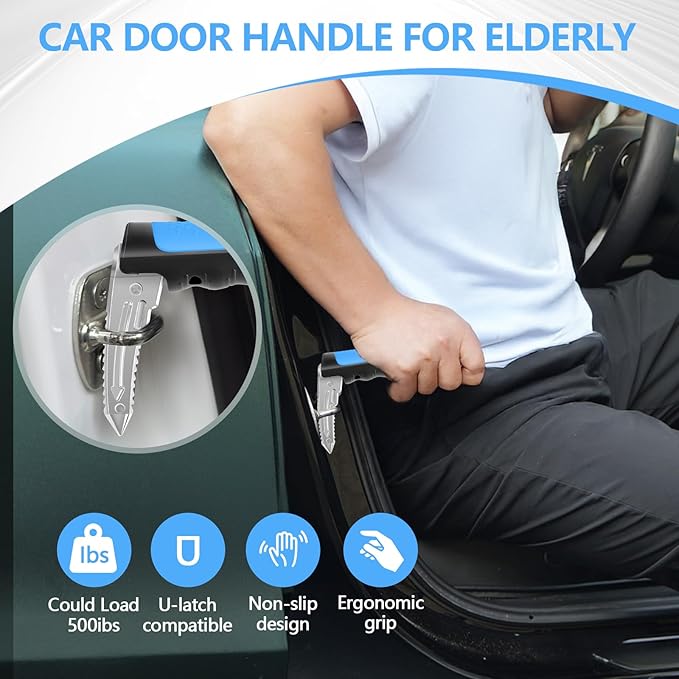 Car Door Handle for Elderly - 2025 New 3-in-1 Car Handle Assist, 2 Pack Auto Cane Portable Vehicle Support Handle Door Assist Bar, Max Load 500 Lbs, Anti-Slip Design (Blue-Car Handle +Strap)