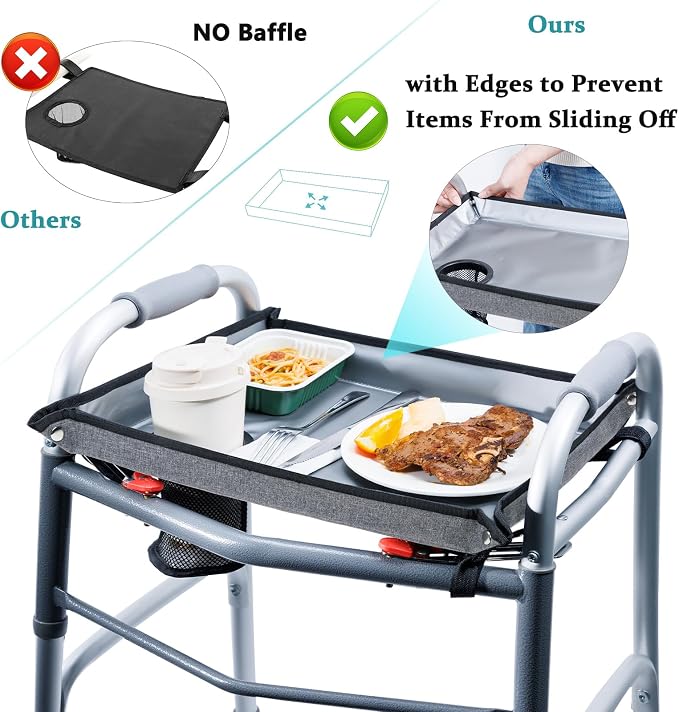 BAGSFY Walker Tray with Cup Holder – Hard Top Walker Accessory for Seniors – Folding Walker Table for Meals, Reading, Drinks – Non-Slip, Easy Install, Universal Fit
