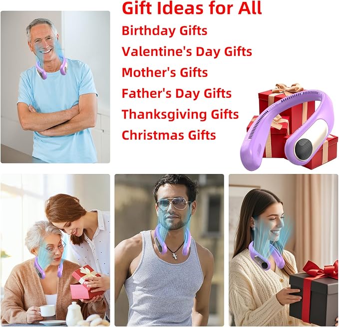Portable Neck Fan, Personal Wearable Bladeless Fan for Outdoor Indoor, LED Display, 360° Cooling, 4-Speeds, 6000mAh USB Rechargeable, Birthday Gifts for Men Women Dad Mom (Purple)