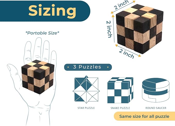 BSIRI 3 Puzzles in a Box - Wooden Brain Teaser Puzzle, 3D Mind Puzzle for Adults, Educational Senior Games, and Brain Games, Ideal for Birthday Gifts and Patio Décor