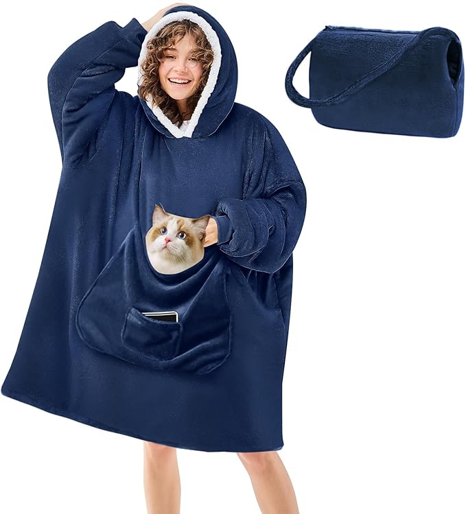 JOYWOO Navy Foldable Wearable Blanket Hoodie,Oversized Cat Lovers Sweatshirt Blanket for Adult, Birthday Gifts for Men,Dad,Husband Cozy Fuzzy Sherpa Hooded Blanket with Giant Pocket and Winter Gifts
