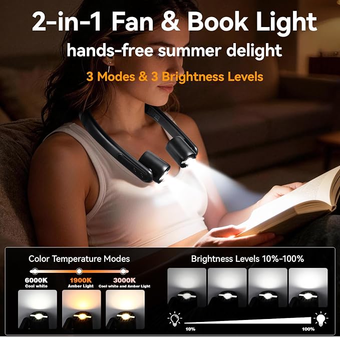 VAVOFO Portable Neck Fan with Book Light, Hands Free Wearable Cooling Fan | 6000mAh Rechargeable, 3 Speeds, 250° Adjustable, Ideal Gift for Reading, Travel, Office, Hiking, Fishing & Sports