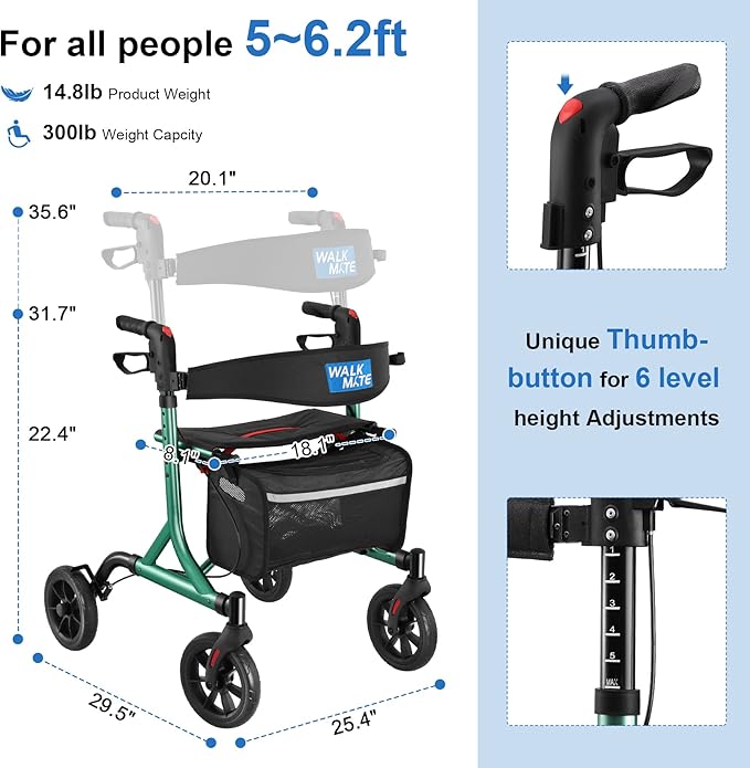 WALK MATE Rollator Walker for Seniors with Cup Holder, Upgraded Thumb Press Button for Height Adjustment, 4 x 8 Wheels Walker with Seat Padded Backrest Folding Lightweight Walking Aid, Green