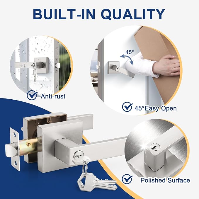 KNOBWELL 6 Pack Keyed Entry Door Handles, Brushed Nickel Door Knobs with Lock and Key Satin Door Lockset Square Door Handles(Same Key)