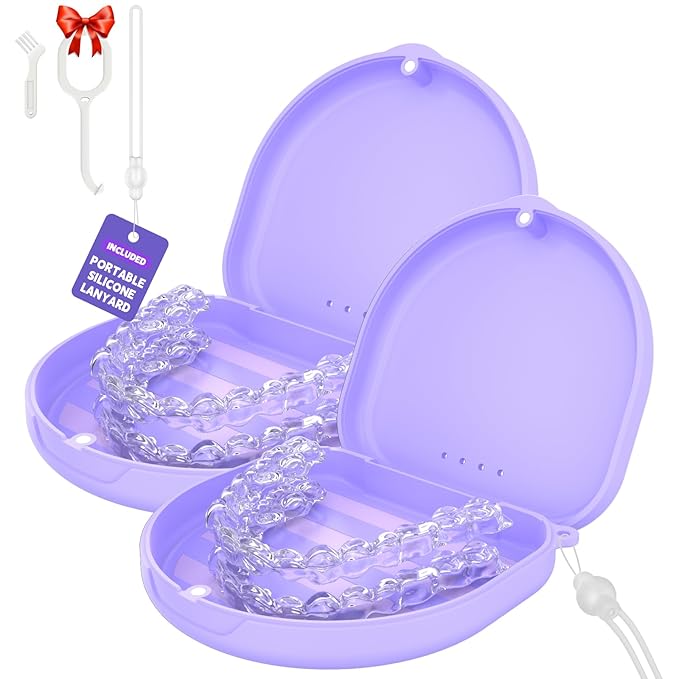 2Pack Retainer Case, Compatible with Invisalign, Slim Aligner Case with Vent Holes, Portable Orthodontic Box with Removal Tool, Brush and Lanyard, Purple