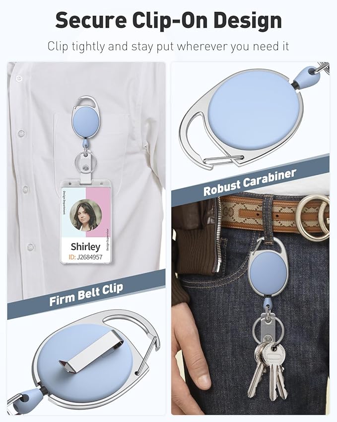 Uniclife 2 Pcs Retractable Badge Reel Keychain Clip Heavy Duty Light Blue | For Badge Holder, Keys and ID Card, Key Card Extender, ID Badge Retractable Cord, with Carabiner Belt Clip and Key Ring