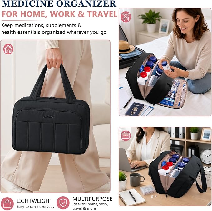 BAGSFY Travel Medicine Bag with 2 Separate Compartments, Wide-Opening Medication Organizer, Puffy Medical Storage Bag for Prescription Bottles, Pill Cases, Medical Supplies,Travel & Family Emergency