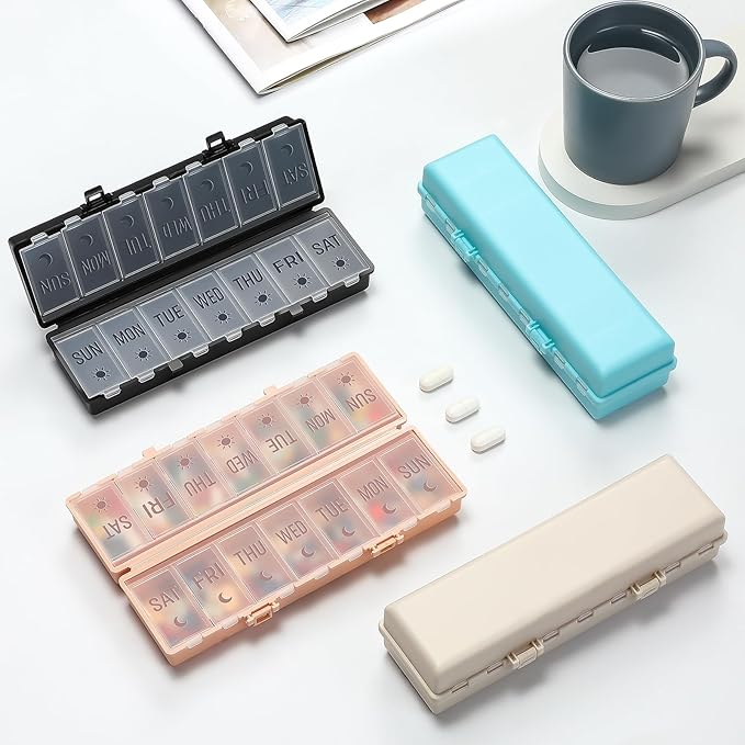 Foldable Pill Organizer 2 Times a Day w/Etched Labels -Dual Protection & Portable Weekly AM PM Pill Box, 7 Day Medicine Container, Large Travel Pill Case for Week Daily Supplement Vitamin - Sky Blue