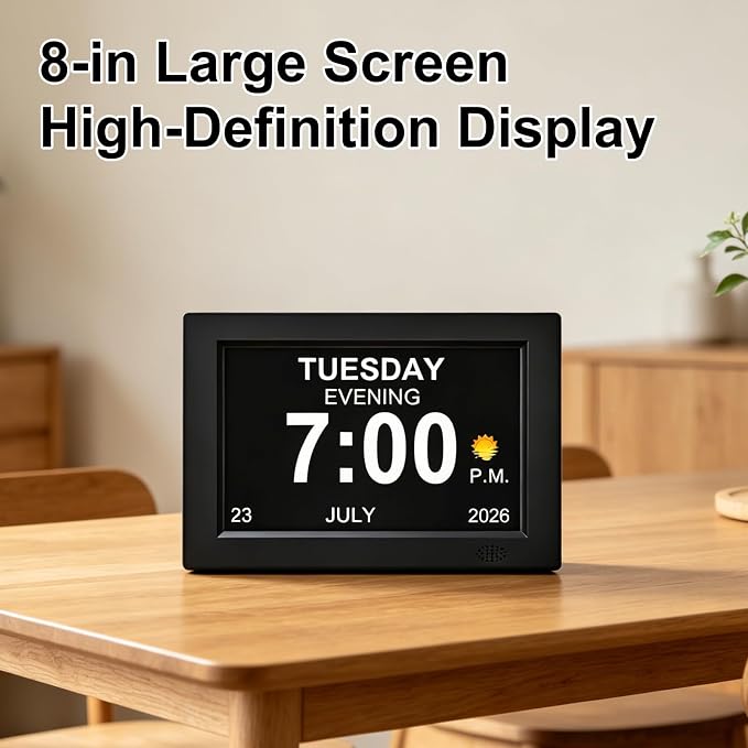 8 Inch Black Digital Dementia Clock, Large Display Calendar Clock, 15 Medication Reminders, Auto DST, Auto Brightness Adjustment, Equipped with Remote Control
