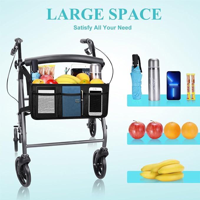 Dotday Rollator Basket, Rollator Walker Bag with Cup Holder | Folding Rollator Walker Storage Bag, Easy to Use Rollator Accessories for Seniors, Big Capacity & Never Tipping Over