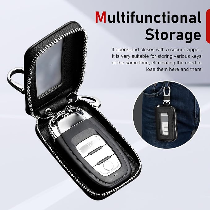 1PC Car Key Fob Case, Leather Car Key Holder for Purse, Automotive Smart Key fob Holder with Hook, for Remote Key Fob