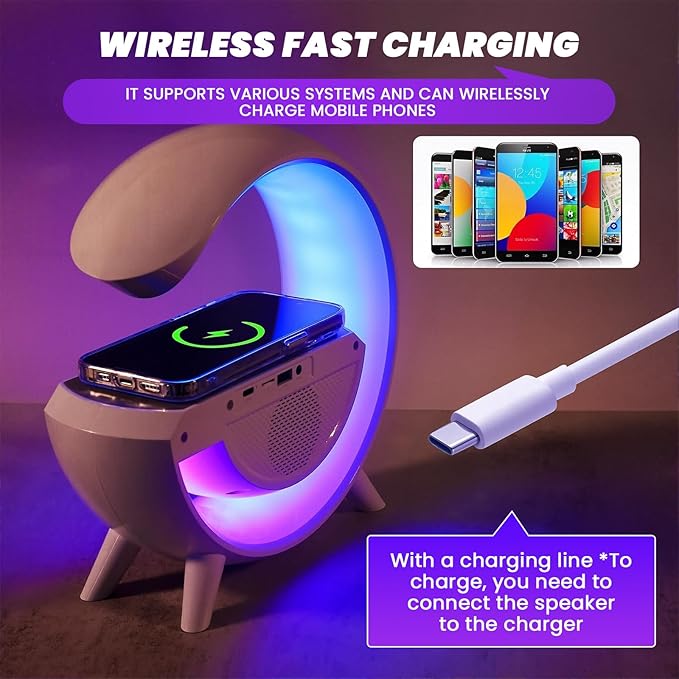 Saker G-Shaped LED Wireless Charging Bluetooth Speaker, 3-in-1 LED Digital Alarm Clock Radio with 13 RGB Lights & Noise, 360° Surround Sound Nightstand Clock with FM Radio for Bedroom Office (Black)