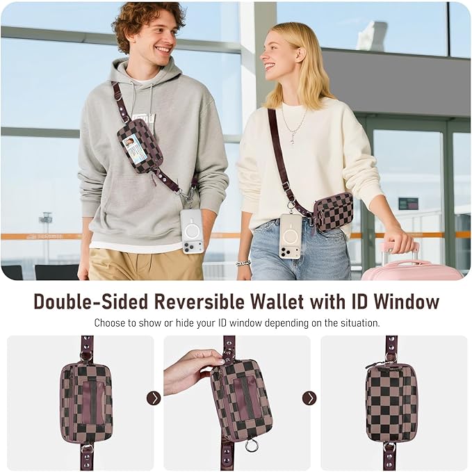 Tiostep Clip and Go Strap for Phone with Wallet Crossbody Phone Lanyard Adjustable and Detachable RFID Wristlet Wallet (Black Brown Checkered, Medium)