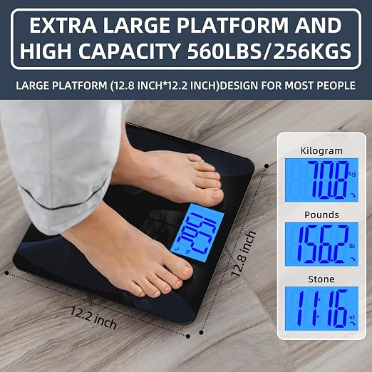 Scale for Body Weight 560lbs MPBEKING High Capacity Bathroom Scales Extra Large Platform Accurate Weighing Scale LCD Backlit Display with Tape Measure & 4 AAA Batteries (Black)