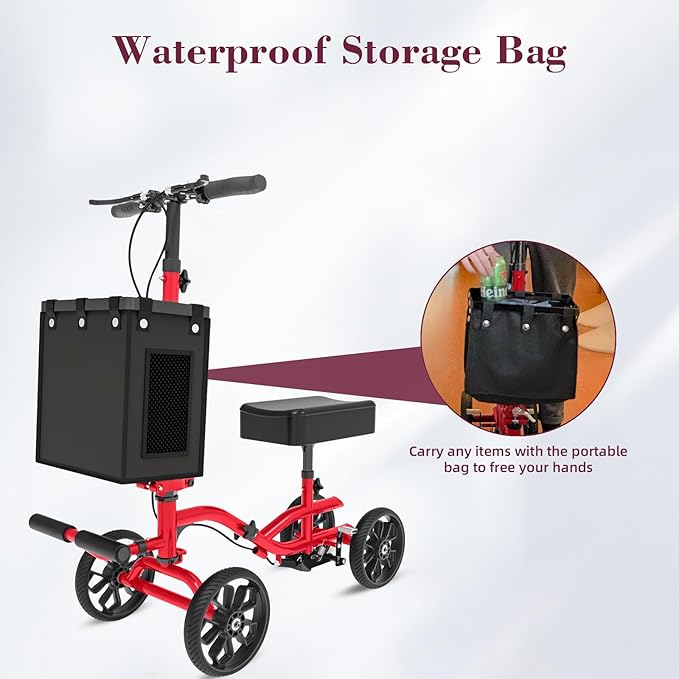 Lightweight Knee Scooter Crutch Alternative, Foldable & Adjustable Knee Scooter for Adults for Foot Surgery, Steerable Knee Walker with Detachable Storage Basket, Includes DIY Stickers-Hot Red