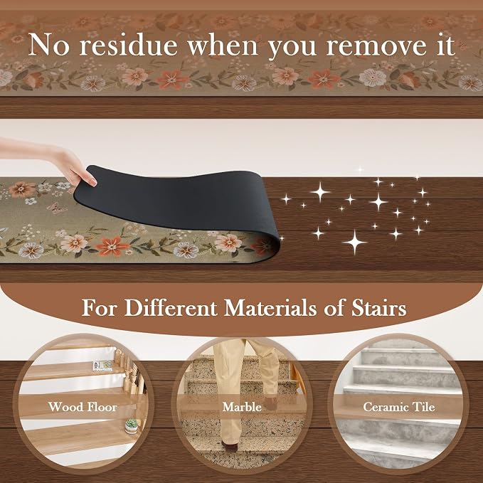 OJIA Floral Stair Treads Non-Slip Stair Runners 15PCS 30"x8" | Carpet Stair Treads for Wooden Steps Indoor Mats Staircase Step Treads for Kids, Elders and Dogs, Stair Covers, Brown