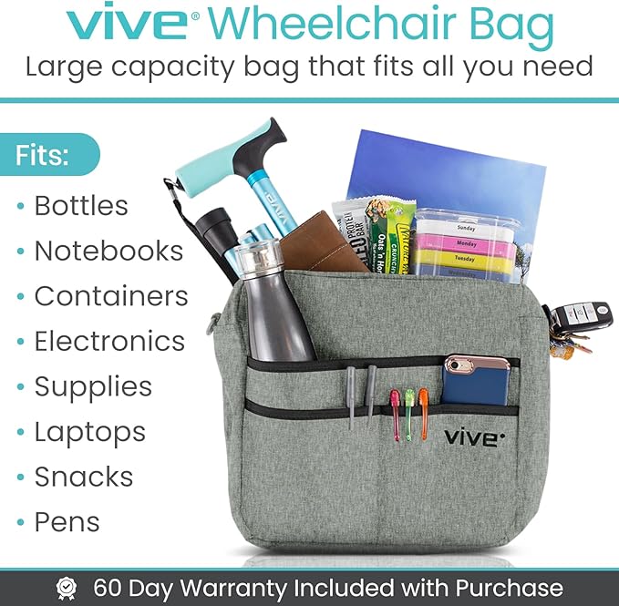 Vive Wheelchair Bag - Machine Washable, Double-Stitched, Water-Resistant Accessory Backpack for Rollators, Wheel Chairs, Walkers - Pouch with XL Pockets & Straps for Quick Installation