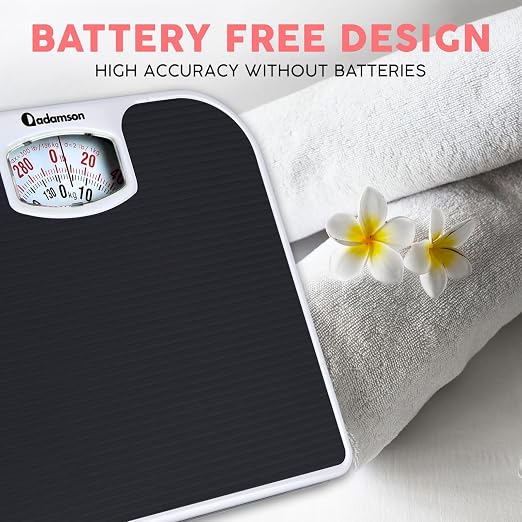 Adamson A21 Analog Scales for Body Weight - Up to 300 LB - New - Anti-Skid Rubber Surface + Large Numbers - Analog Bathroom Scale - Affordable - Durable with 20-Year Assurance - Black