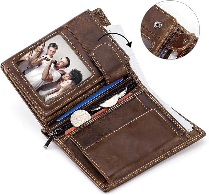 Trifold Billfold RFID Blocking Cowhide Leather Wallet for Men 10 Card Slots 2 ID Windows with Coin Pocket