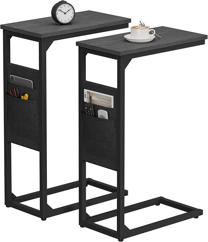 TUTOTAK C Shaped End Table, Side Table for Couch, Sofa Table | with Storage Bag, Set of 2, TV Tray for Living Room, Bedroom, Black TB01BK0822