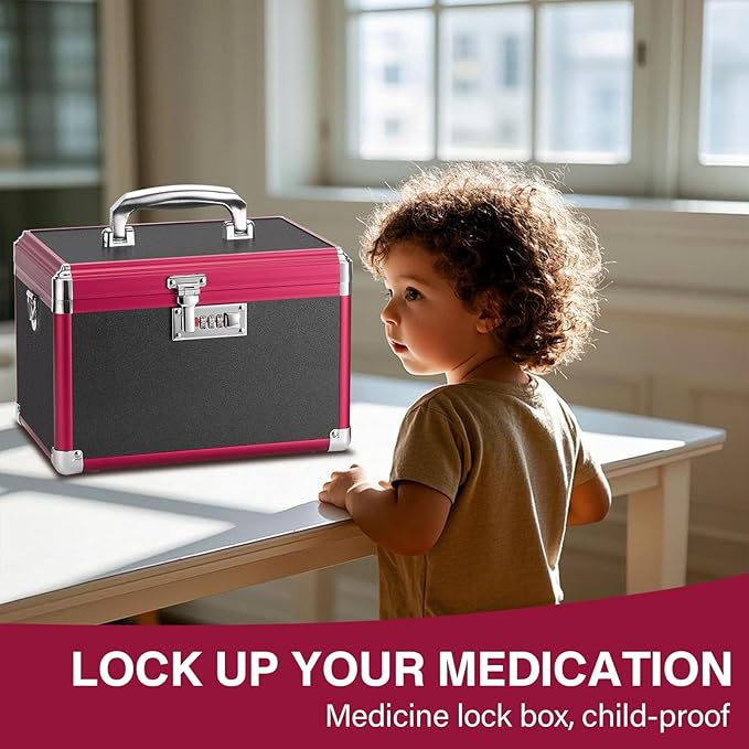 LOCKCURX Medication Lock Box, 15x8.7x9.4 Inch Aluminum Alloy Medication Safe, First Aid Box with Detachable Tray & Travel Pouch, Childproof & Privacy Medicine Box for Home, Travel, Dorm (Black)