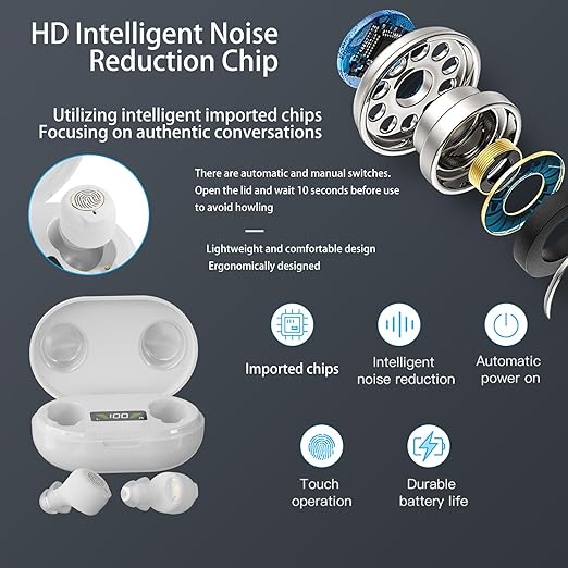 Rechargeable Hearing Aids for Seniors with Noise Reduction | OTC Hearing Aids for People with Mild Moderate Severe Hearing Loss| Automatic Noise Cancelling Comfortable Design and Wear - White