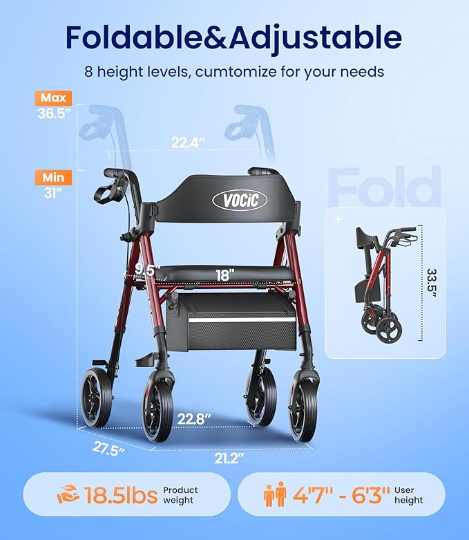 VOCIC Walkers for Seniors, Z21 Rollator Walker with Seat Supports 350lb, 8" Big Wheels for All Terrain, Ergonomic Arc Seat & 6" Ultra Backrest Foldable Walker, Dual Height Adjustment, Lightweight 2025