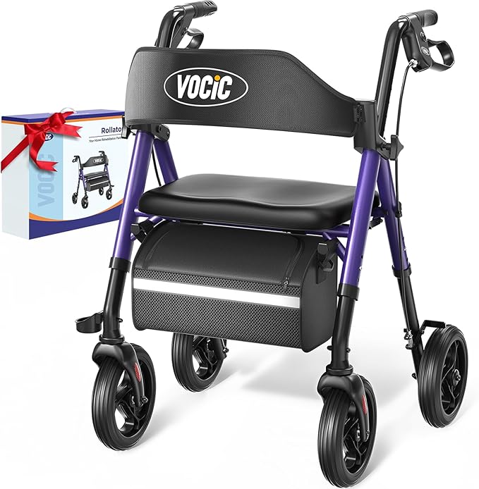 VOCIC Walkers for Seniors, Z21 Rollator Walker with Seat Supports 350lb, 8" Big Wheels for All Terrain, Ergonomic Arc Seat & 6" Ultra Backrest Foldable Walker, Dual Height Adjustment, Lightweight 2025
