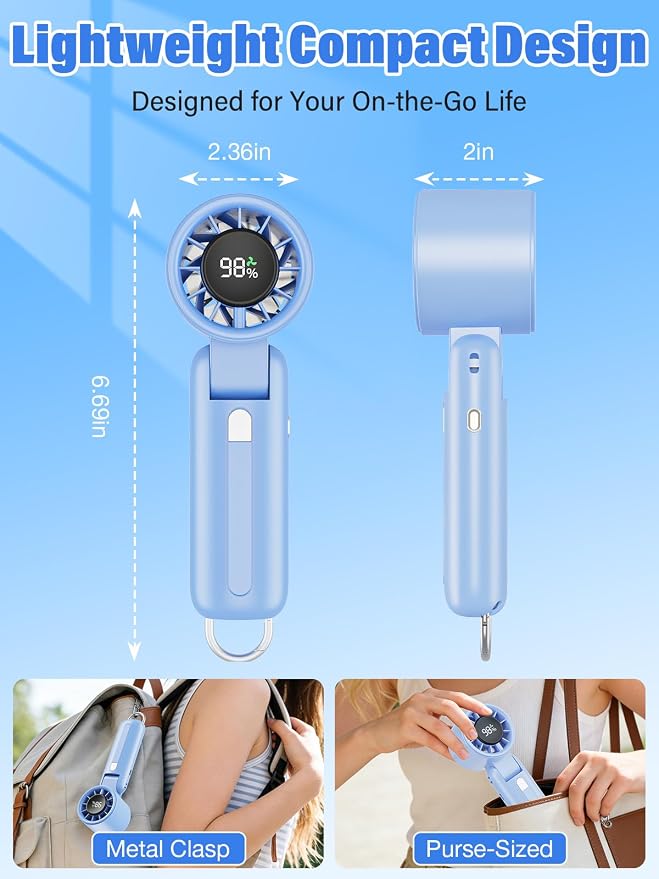 AI Handheld Fan Turbo, 100-Speed Portable Fan Rechargeable, Mini Fan with 12800 RPM Strong Airflow, Foldable 4-in-1 Personal Fan for Travel, Camping, Beach & Office, USB-C & Lightweight & Quiet