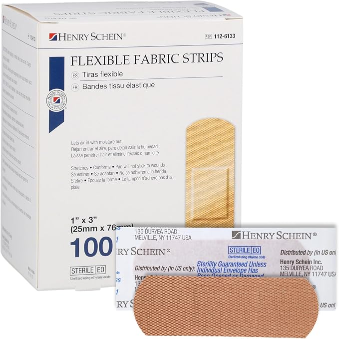 Henry Schein Fabric Adhesive Strip Bandages 1" x 3", Sterile, 5400 Ct | Latex Free, Tan, Non-Stick Pad, Everyday Cuts and Scrapes, 54 Boxes of 100, Perfect for First Aid Kits, Home and Medical Use