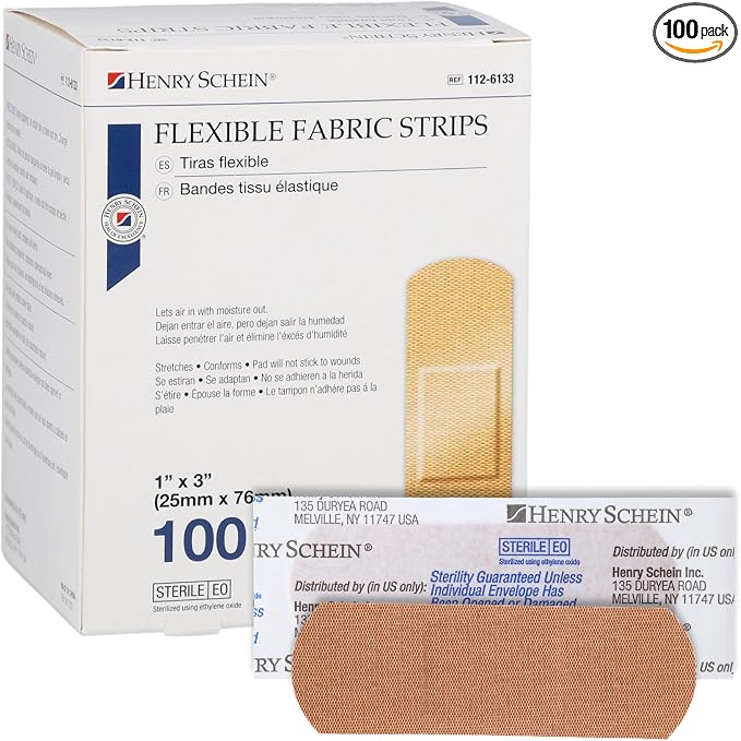 Henry Schein Adhesive Fabric Strip Bandages 1" x 3", Sterile, 100 Ct | Latex Free, Tan, Non-Stick Pad, Everyday Cuts and Scrapes, 100 Count Box, Perfect for First Aid Kits, Home and Medical Use