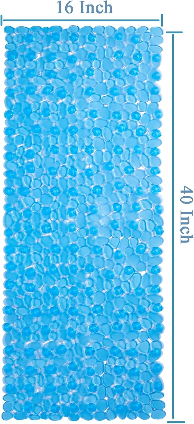 Bath Shower Mat Non Slip: Extra Large Pebble Bathtub mat for Families, Anti Slip Shower Matt with Drain Holes Suction Cups Tub Mat - 16 X 40 Inch Clear Blue