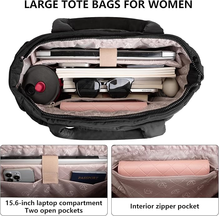 Puffer Tote Bag for Women Quilted Nurse Bag Lightweight Work Bag for Teacher Travel Handbag with Multiple Pockets