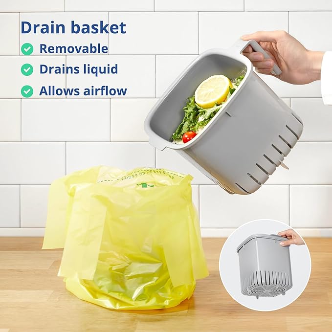 Blue Ginkgo Kitchen Compost Bin, 2.6L Countertop Compost Bin, Green | Odor-Tight. Filter-Free. Dishwasher Safe.