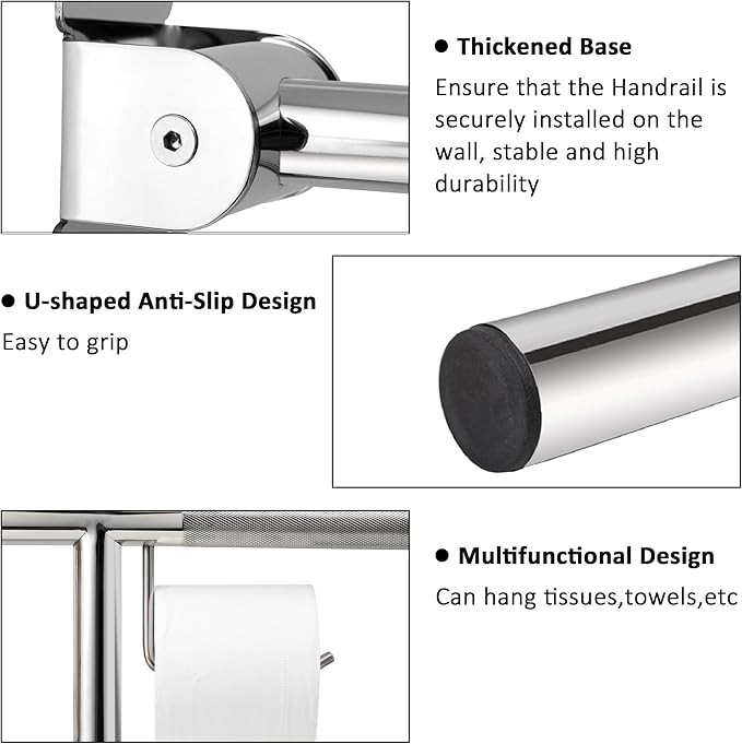 Handicap Grab Bar, 23.6 Inch Stainless Steel Toilet Safety Rails, Disabled Flip-Up Bathroom Grab Bars with Paper Holder, Anti-Slip Toilet Handrails Hand Grips Handicap Grab Bars for Elderly