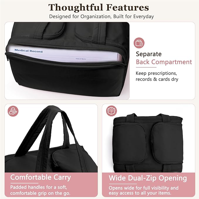 Travel Medicine Storage Bag with 2 Compartments, Wide-Mouth Medical Organizer, Puffy Lightweight First Aid Bag for Prescription Bottles, Pill Cases, Medical Supplies & Family Emergency Essentials