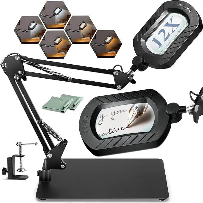 12X Square Magnifying Glass with Light and Stand with 144 LEDs Brightness, 5 Color Modes Hands Free Lighted Magnifying Glass, 10 Dimmable Brightness Magnifying Desk Lamp for Close Work Craft Reading