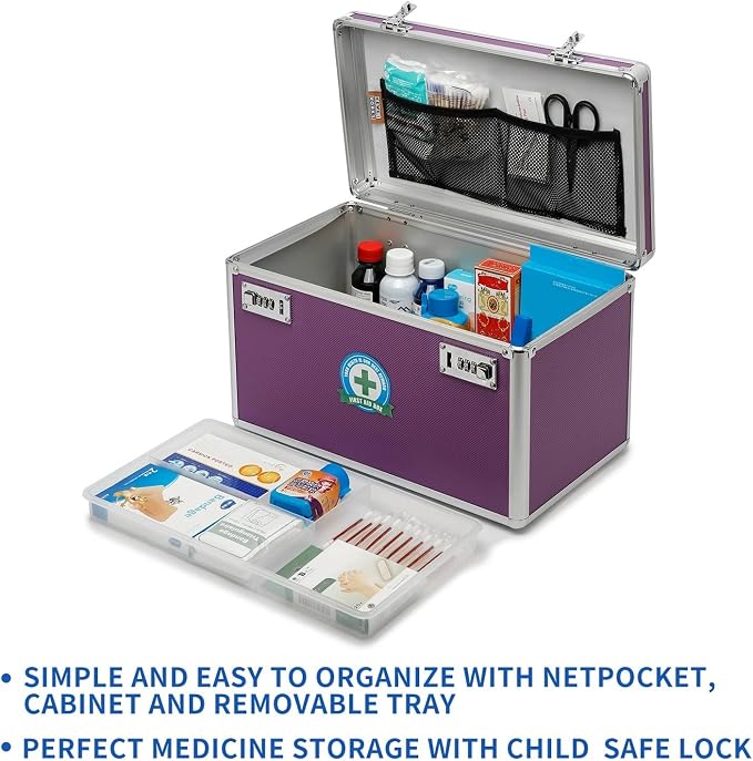 Locking Box with Portable Storage Case, 15''x 8.7''x 9.3'', Childproof Medicine Organizer with Combination Lock, Lockbox for Important Documents & Meds, ID Documents (PURPLE)