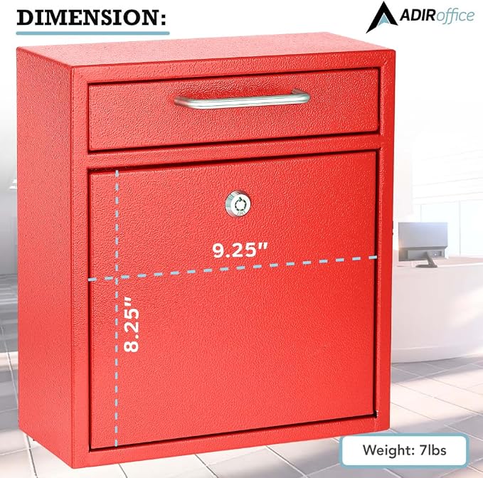 AdirOffice Wall Mount Mailbox - Mailbox with Lock and Keys- Durable Wall Mounted Locking Mailbox and Cash Drop Box for House, Apartments and Bussiness After Hours Deposits