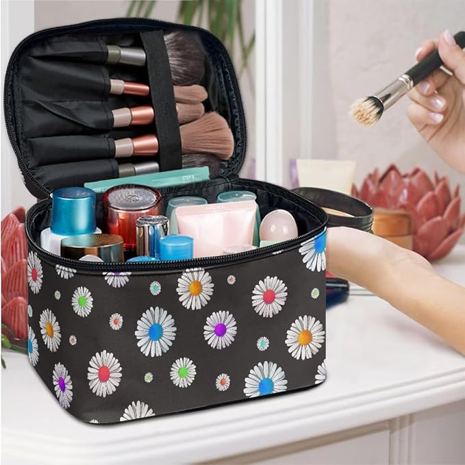 Color Daisy Flowers Makeup Bag Travel Cosmetic Bag Floral Organizer Toiletry Bag, Small Flower Pattern Make Up Bags with Compartments for Women