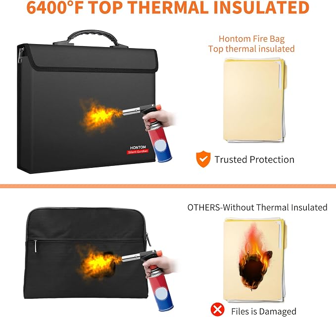 Hontom 6400℉ Fireproof Document Bag with 2 Pockets | Upgraded Material Fireproof Money Bag with Lid, Travel Home Fire Safe Storage Cash Pouch for Important Documents