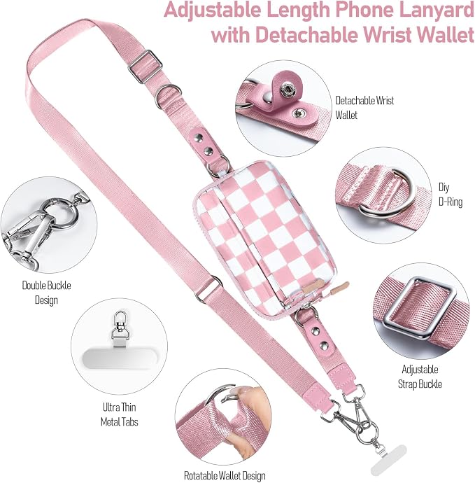 Tiostep Clip and Go Strap for Phone with Wallet Crossbody Phone Lanyard Adjustable and Detachable RFID Wristlet Wallet (Dusty Pink Checkered, Large)