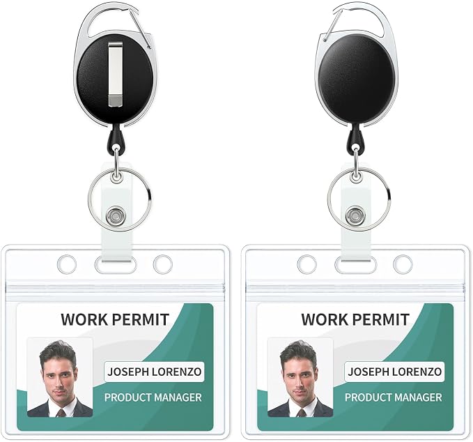 Uniclife Badge Holder Horizontal Clear Plastic Case with Retractable Badge Reel Carabiner Clip Soft Waterproof Card Protector for Proximity Cards IDs Credit Cards Driver’s Licenses and Passes, 2 Pack
