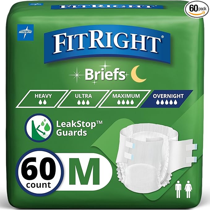 Medline Extended Wear Overnight Adult Briefs with Tabs, Maximum Absorbency Adult Diapers, Medium (60 Count)