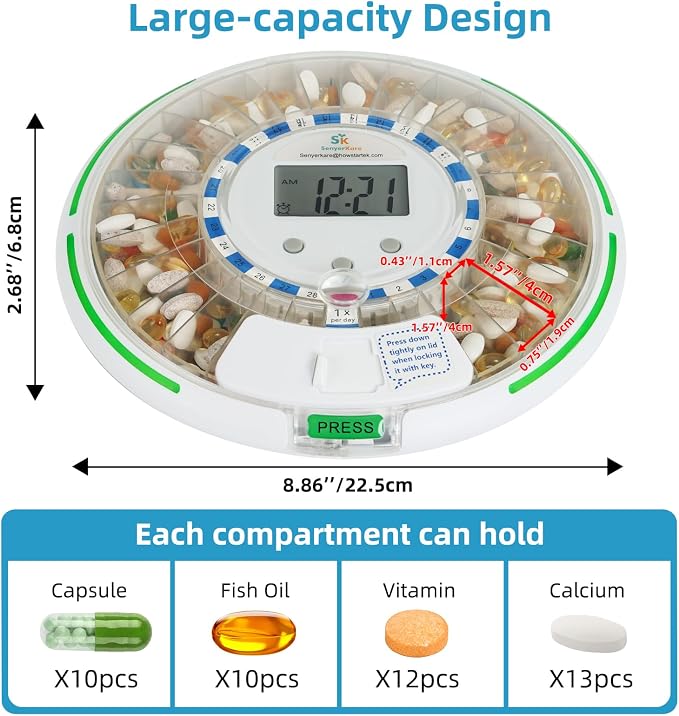 Automatic Pill Dispenser with Safety Lock for Seniors, Dementia | Light & Sound Alarm, 28-Day Electronic Medication Dispenser Up 6 Times/Day, Easy Read Display, Clear Lid
