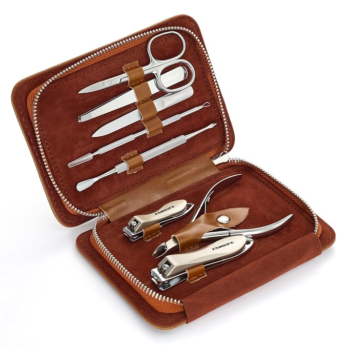 FAMILIFE Manicure Set, Nail Clippers Pedicure Tool, 8 pcs Stainless Steel Manicure Kit Professional Grooming Tool, Nail Kit with Portable Brown Leather Travel Case Luxury Gifts for Men Women