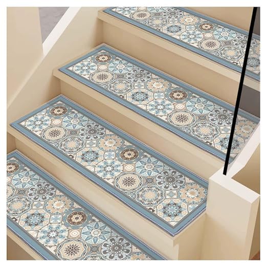 Stair Treads for Wooden Steps, 15 PCS, 30"X8", Blue | Edging Non-slip Stair Runner Indoor, Self-Adhesive Backing, Washable Reusable, Carpet Stair Treads for Kids Elderly Pets