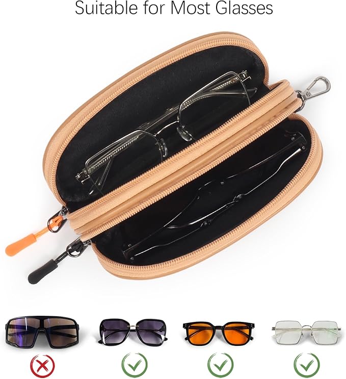 Double Eyeglasses Case Soft Portable Zipper Sunglasses Pouch with Keychain Clip for Men Women